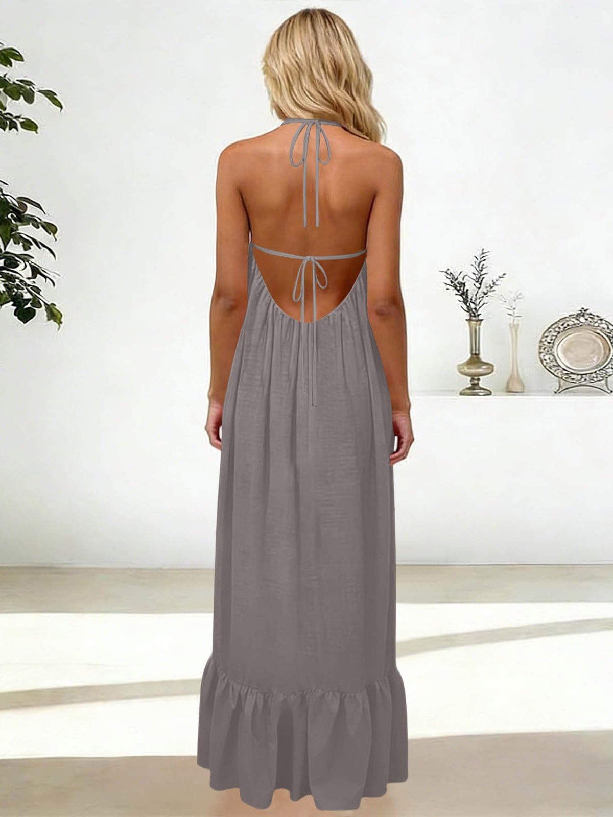 Backless Halter Maxi Dress With Ruffle Hem - Grey