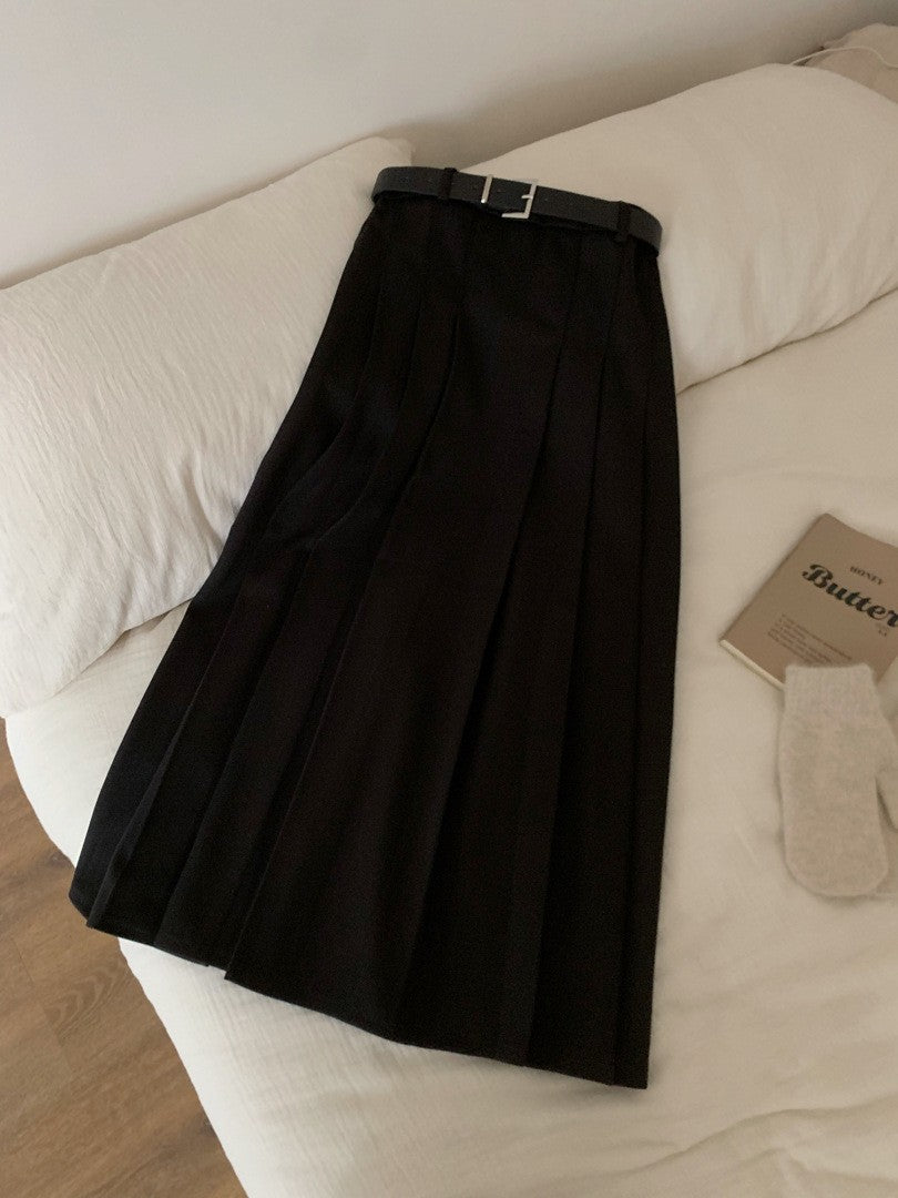 Belted Brushed Pleated A-Line Maxi Skirt - Black