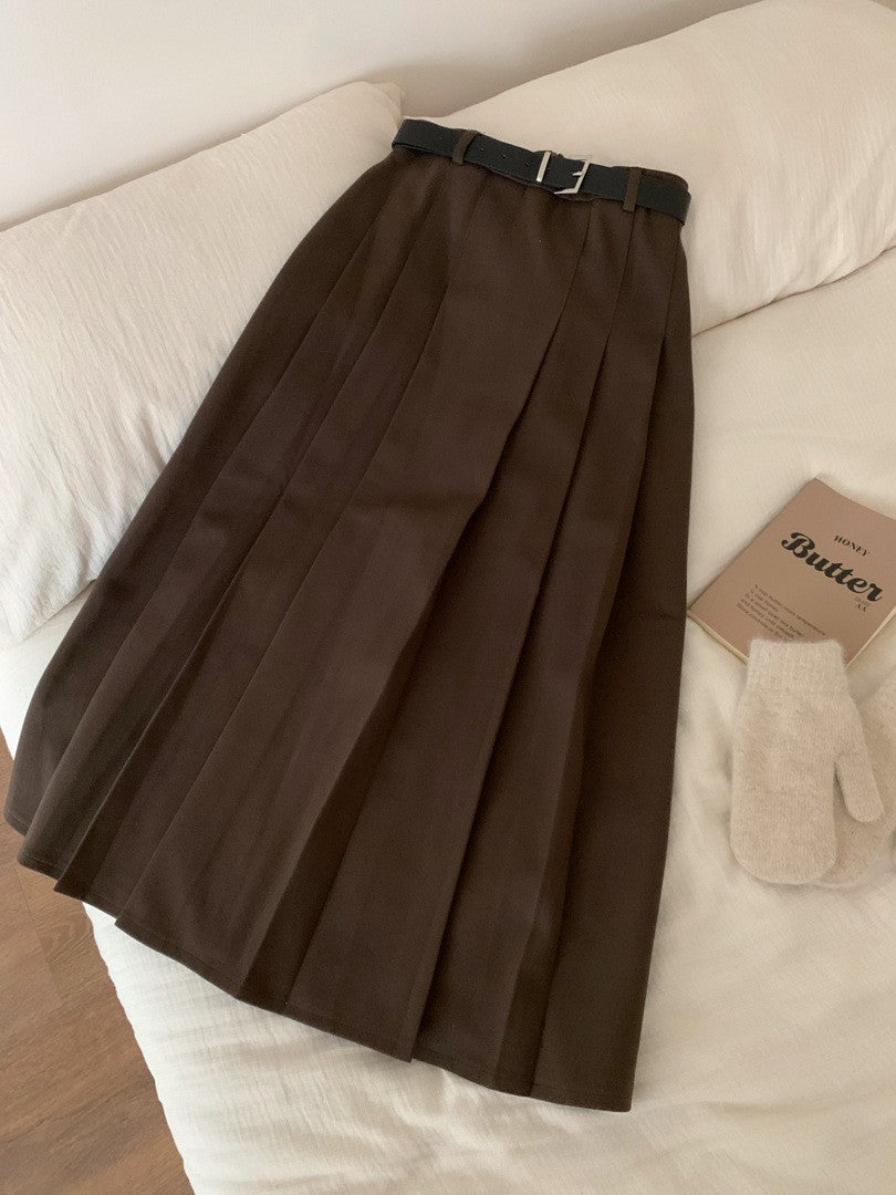 Belted Brushed Pleated A-Line Maxi Skirt - Brown