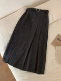 Belted Brushed Pleated A-Line Maxi Skirt - Charcoal