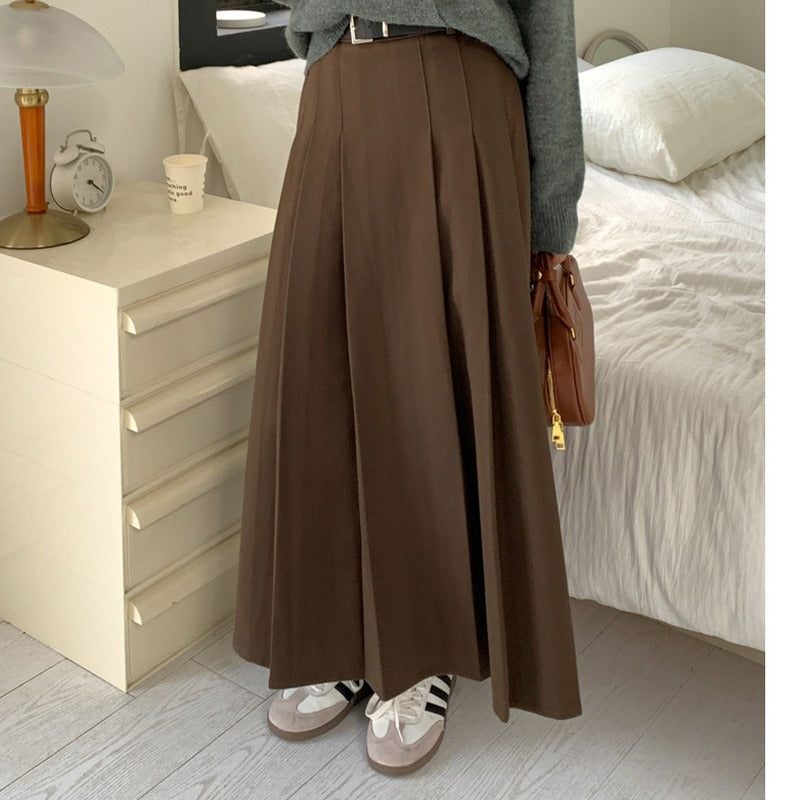 Belted Brushed Pleated A-Line Maxi Skirt