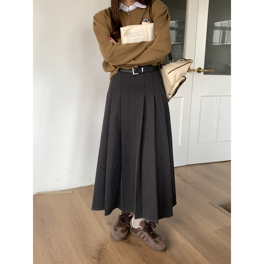 Belted Brushed Pleated A-Line Maxi Skirt