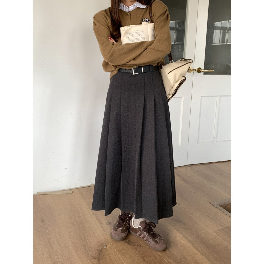 Belted Brushed Pleated A-Line Maxi Skirt