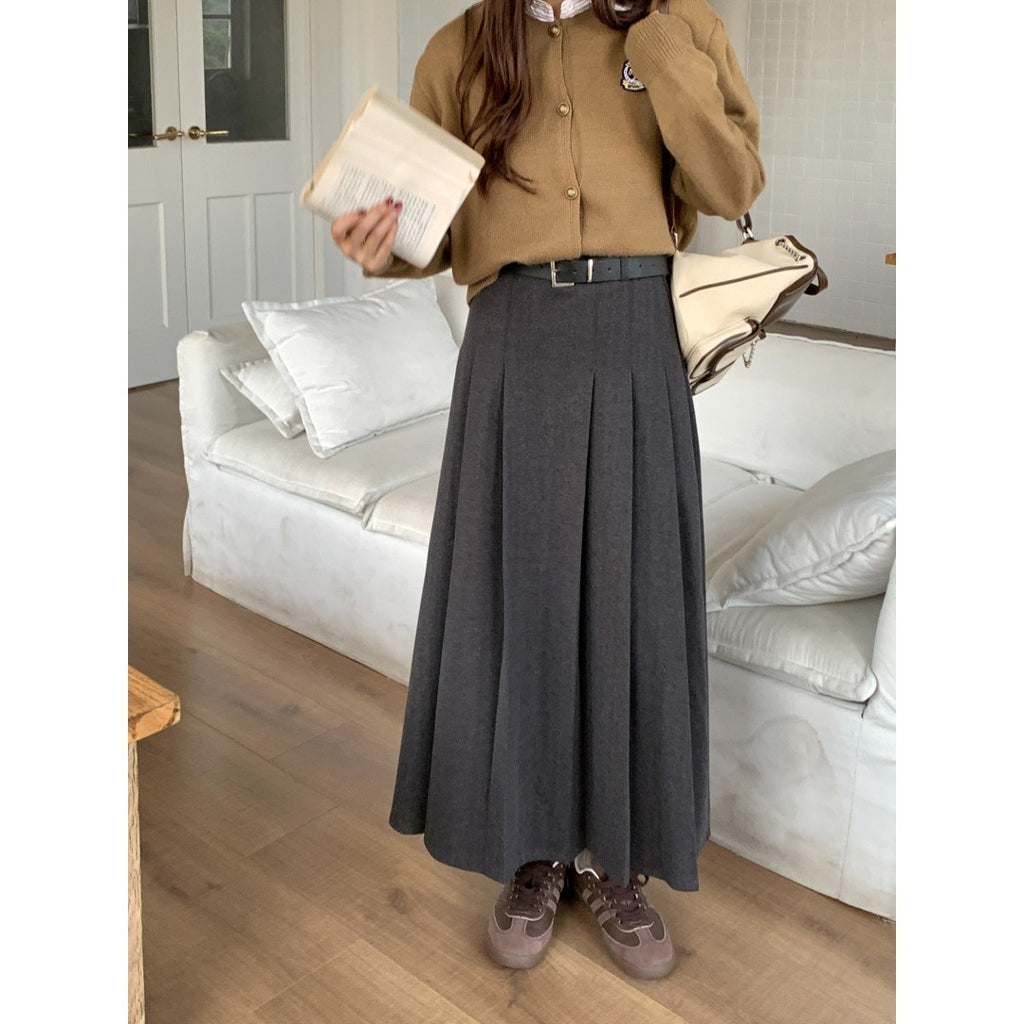 Belted Brushed Pleated A-Line Maxi Skirt