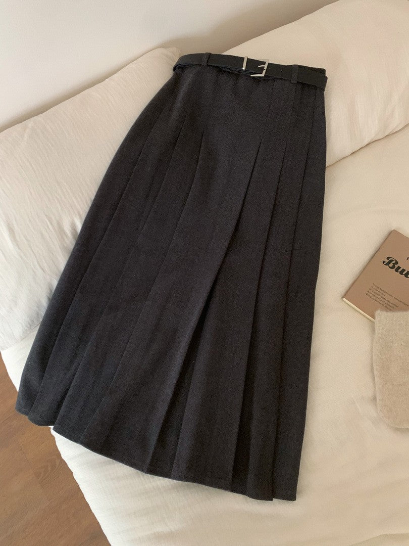 Belted Brushed Pleated A-Line Maxi Skirt