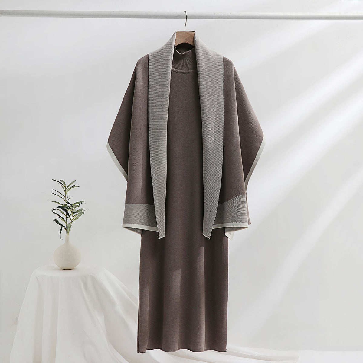 Knit Midi Dress With Contrast Trim Shawl - Sparrow