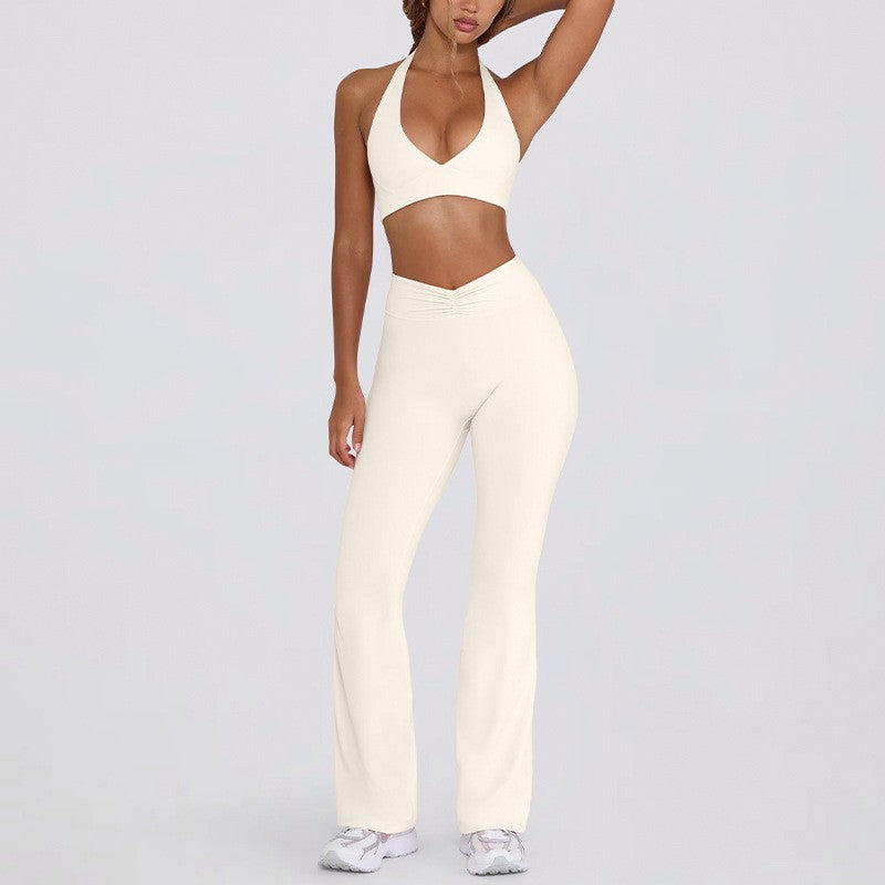 Brushed Halter Bra and V Waist Flare Yoga Set - Ivory