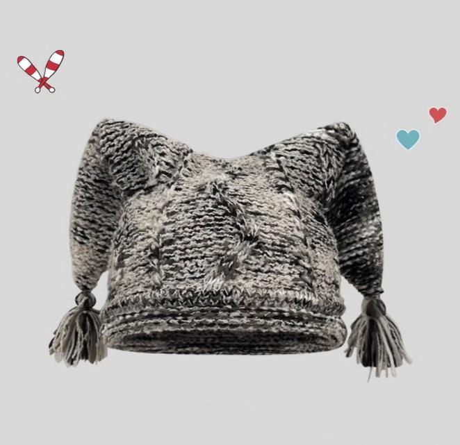 Pointed Ear Cable Knit Tassel Beanie - Grey