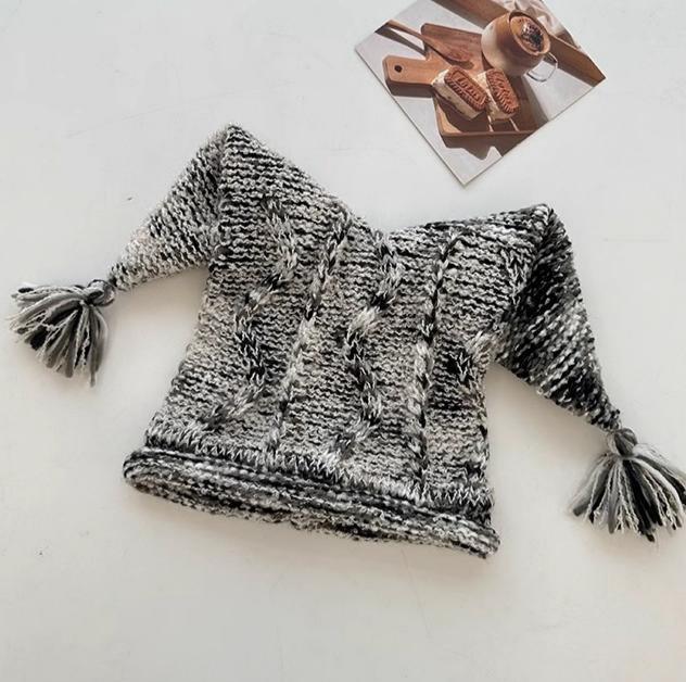 Pointed Ear Cable Knit Tassel Beanie - Grey - 1