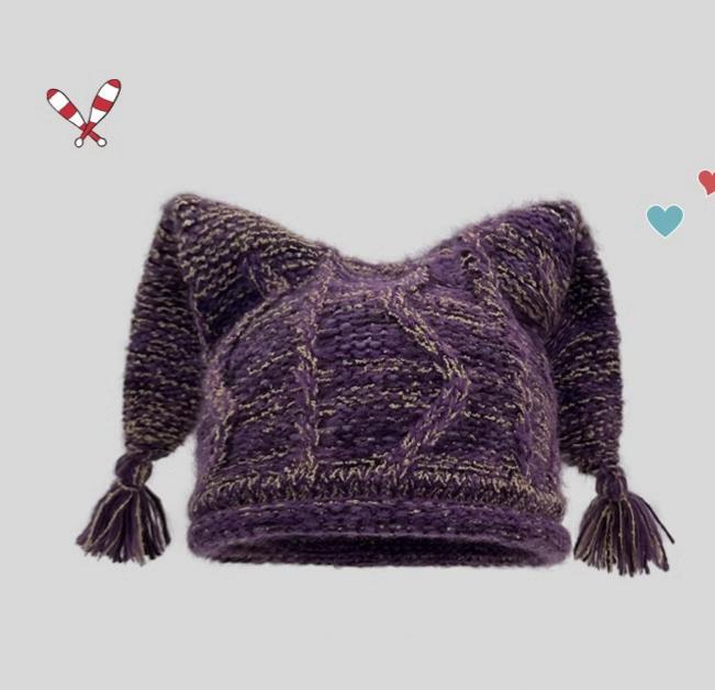 Pointed Ear Cable Knit Tassel Beanie - Purple