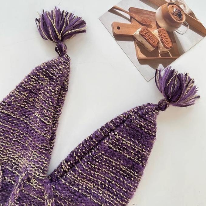 Pointed Ear Cable Knit Tassel Beanie - Purple - 1