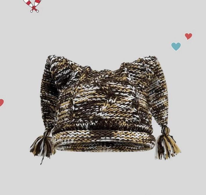 Pointed Ear Cable Knit Tassel Beanie - Yellow