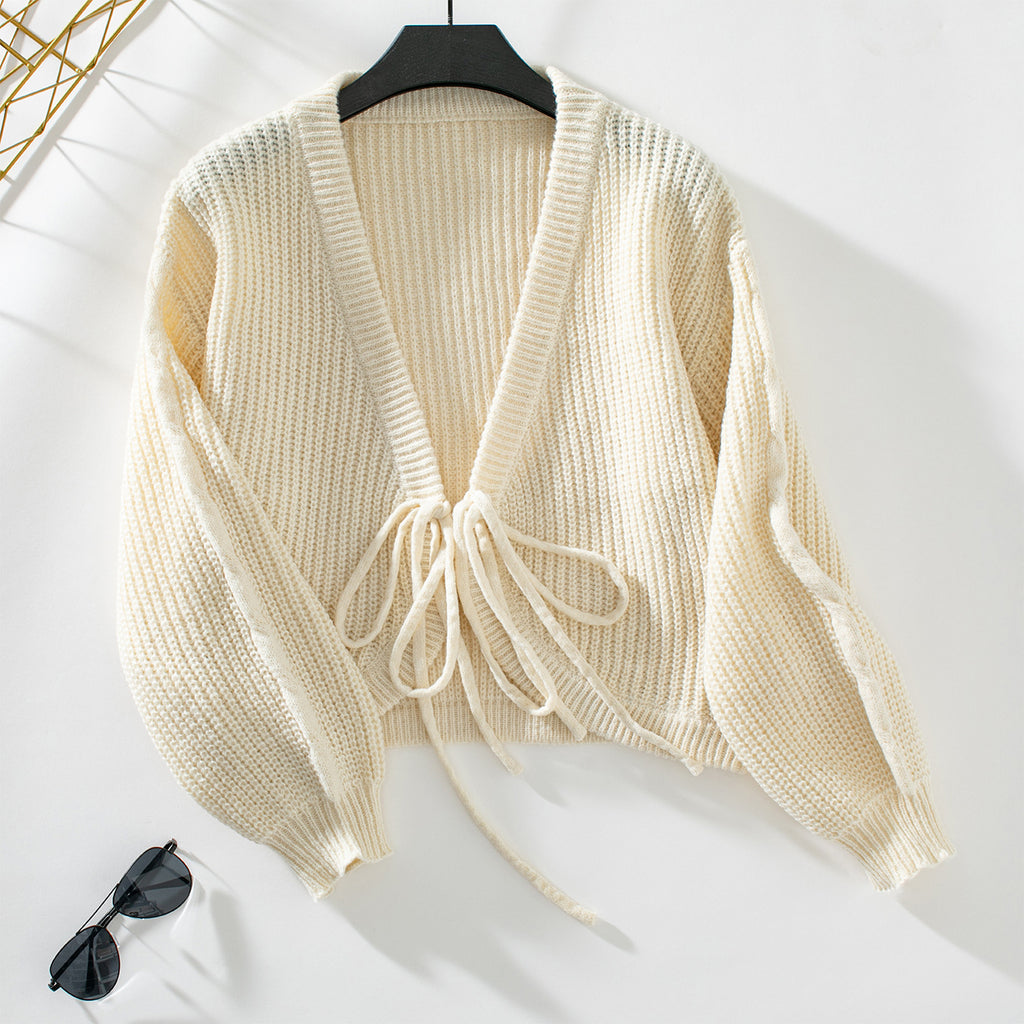Cropped Ribbed Cardigan With Drawstring Front - Apricot