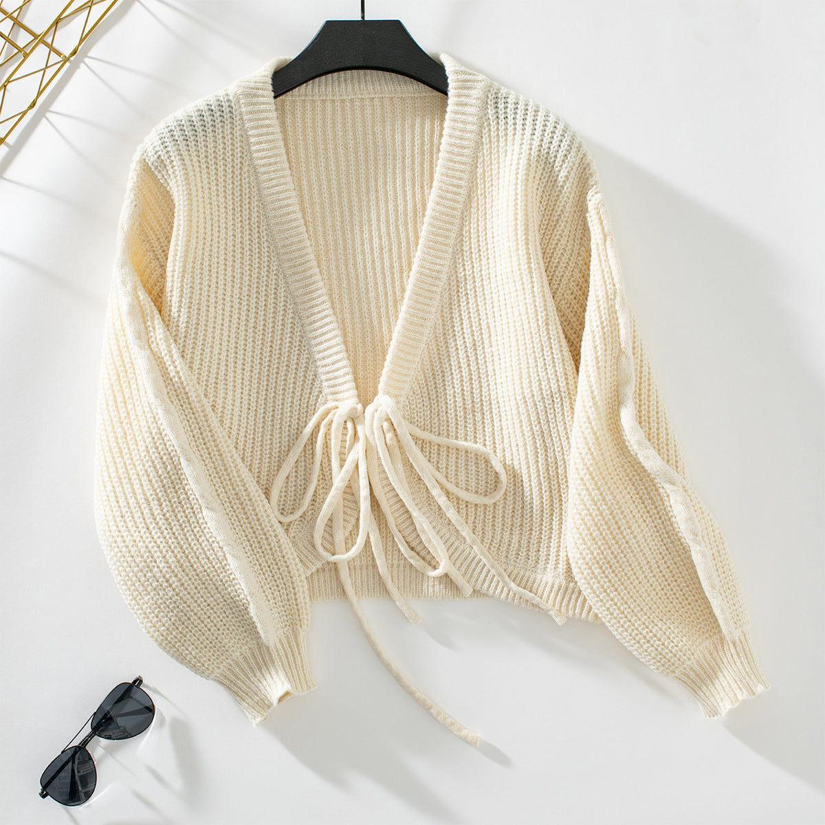 Cropped Ribbed Cardigan With Drawstring Front - Apricot