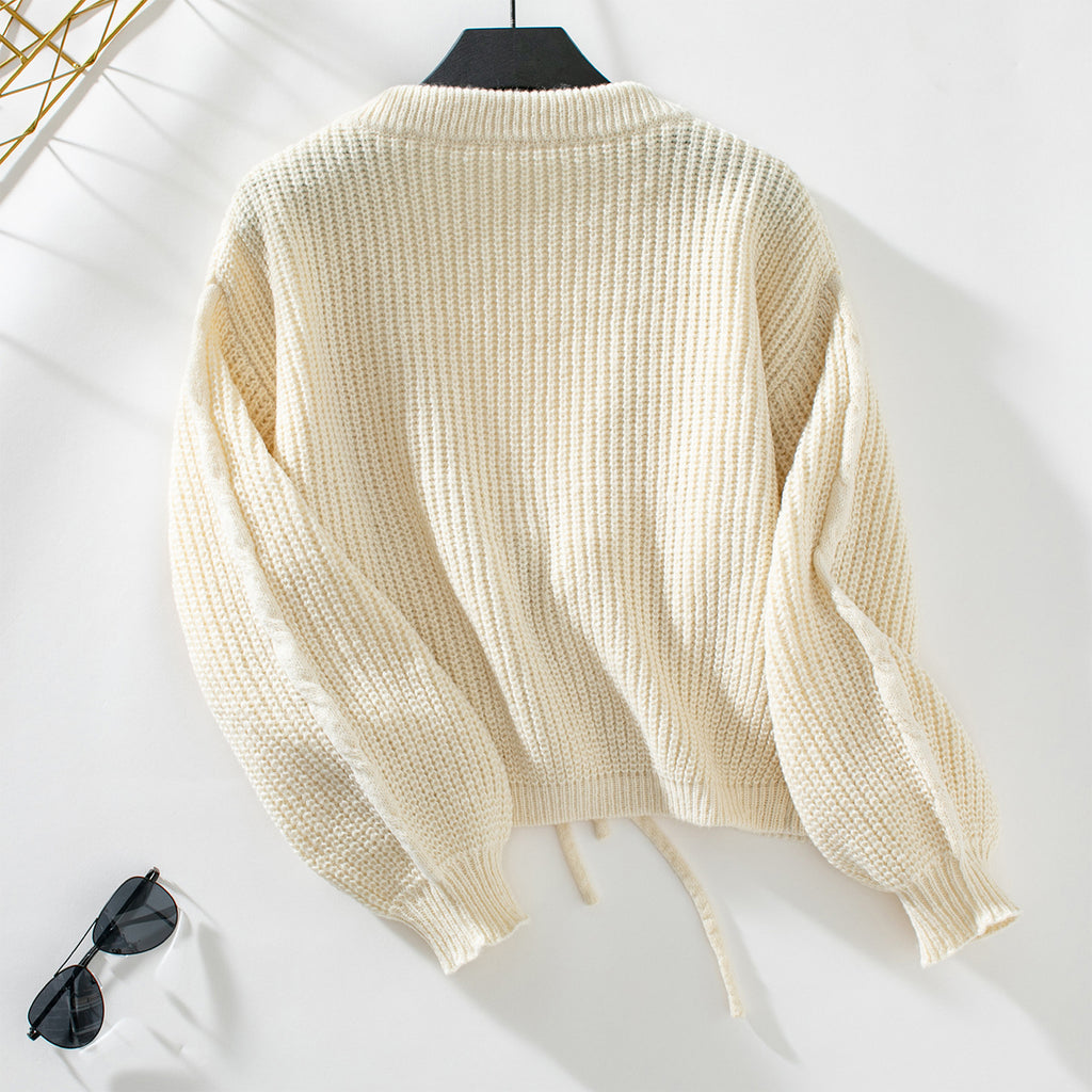 Cropped Ribbed Cardigan With Drawstring Front - Apricot - 1
