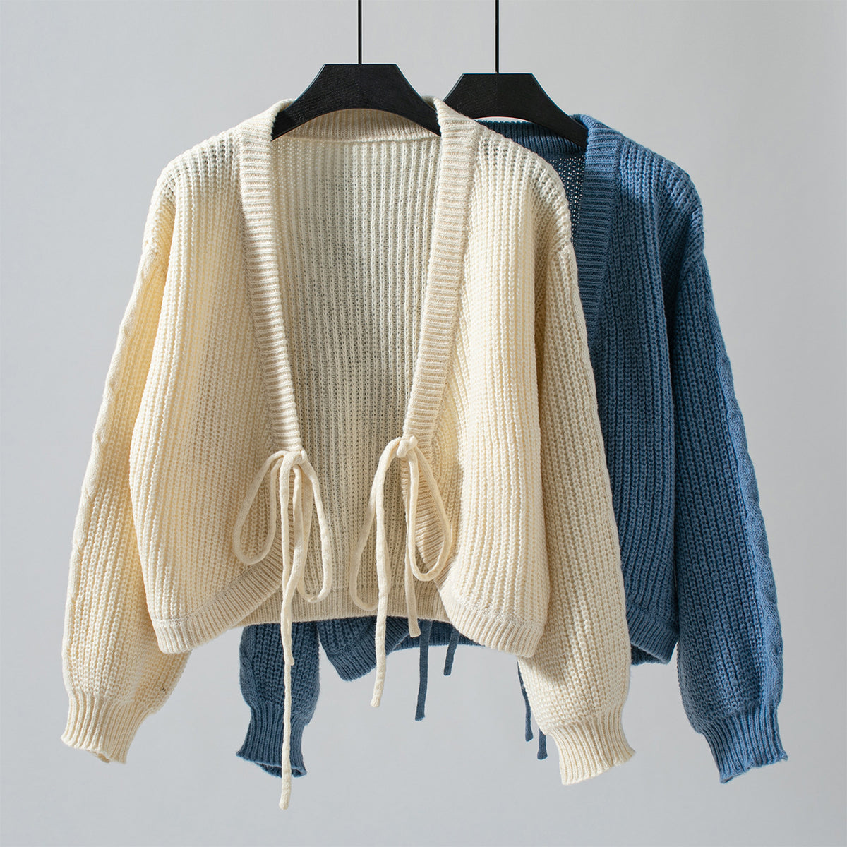 Cropped Ribbed Cardigan With Drawstring Front - Apricot - 2