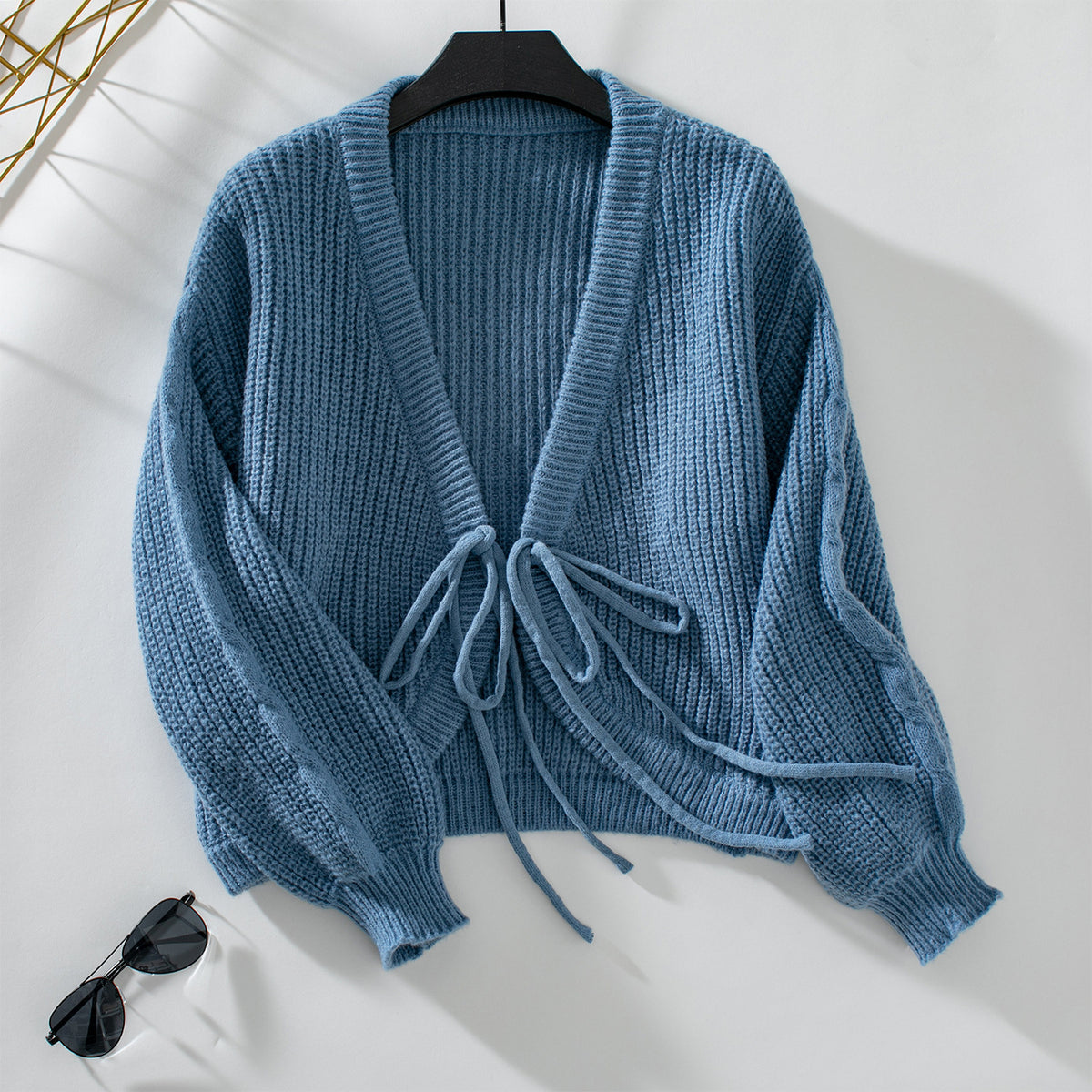 Cropped Ribbed Cardigan With Drawstring Front - Blue