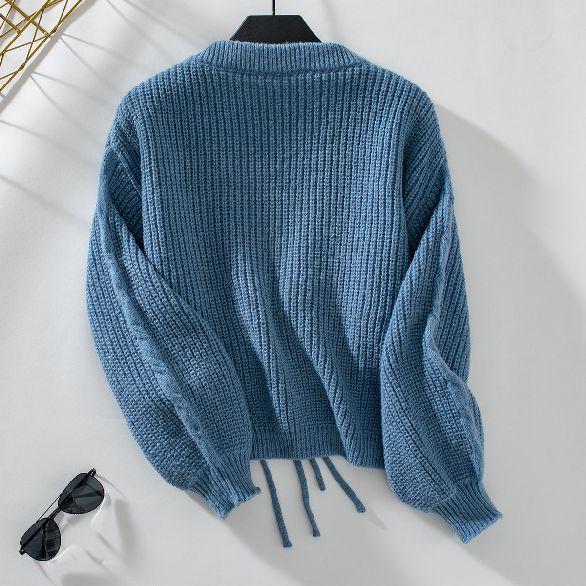 Cropped Ribbed Cardigan With Drawstring Front - Blue - 1