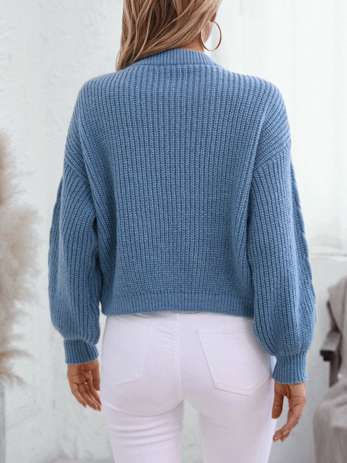Cropped Ribbed Cardigan With Drawstring Front - Blue - 2