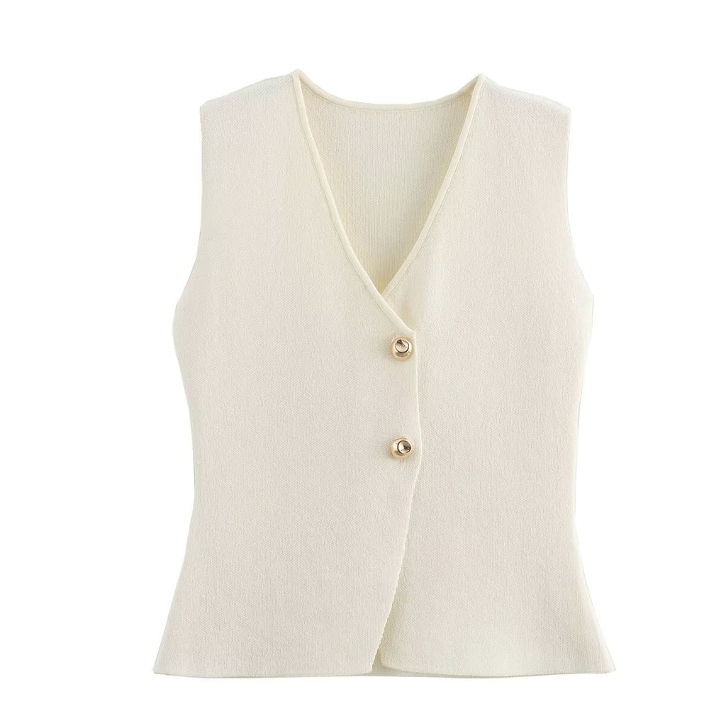 V Neck Two Button Knit Vest - Beige