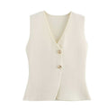V Neck Two Button Knit Vest - Beige