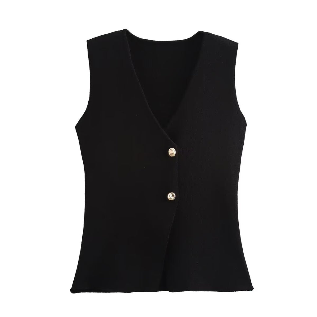 V Neck Two Button Knit Vest - Black