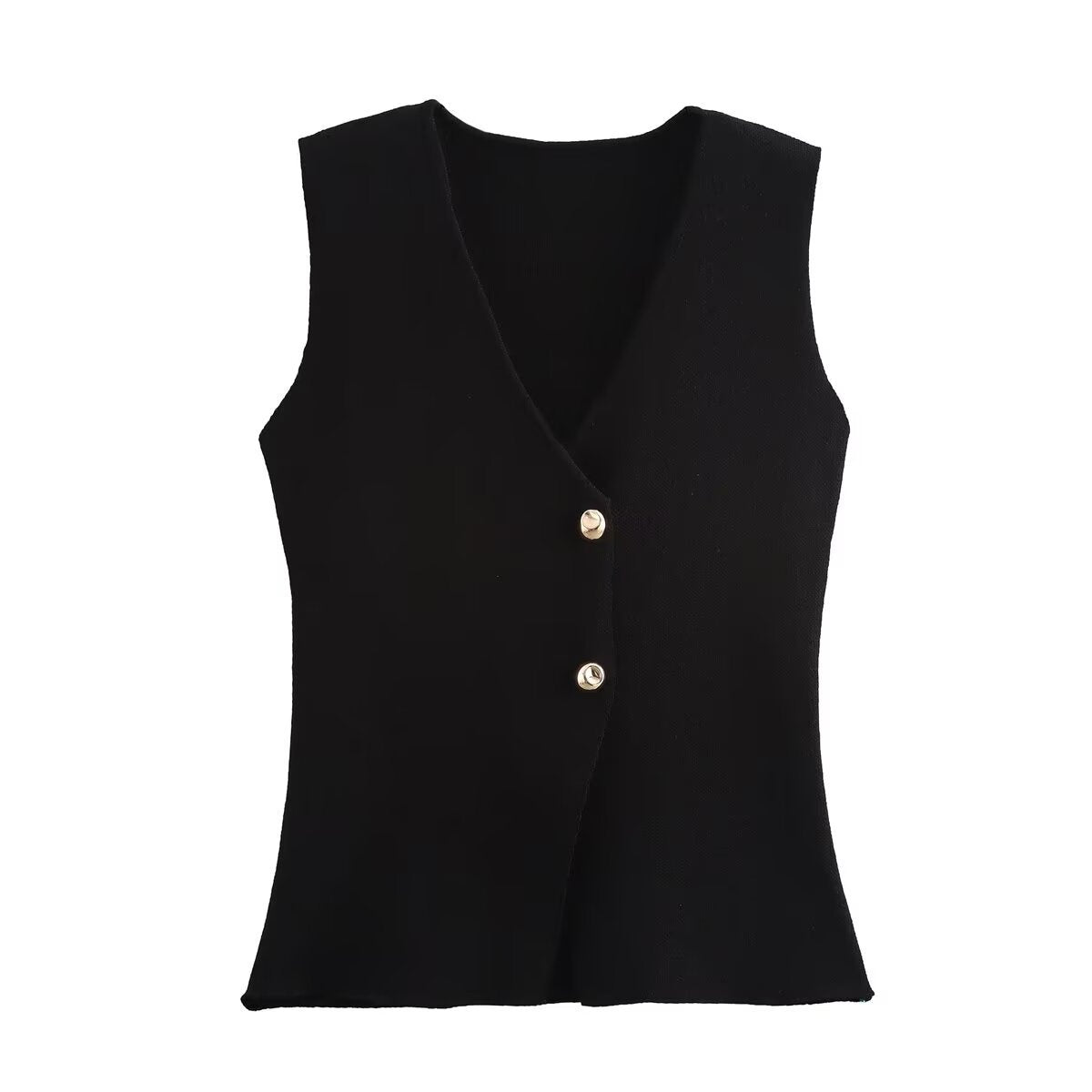 V Neck Two Button Knit Vest - Black