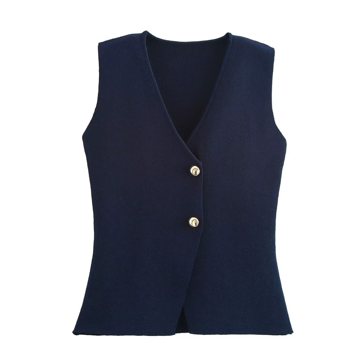 V Neck Two Button Knit Vest - Darkblue