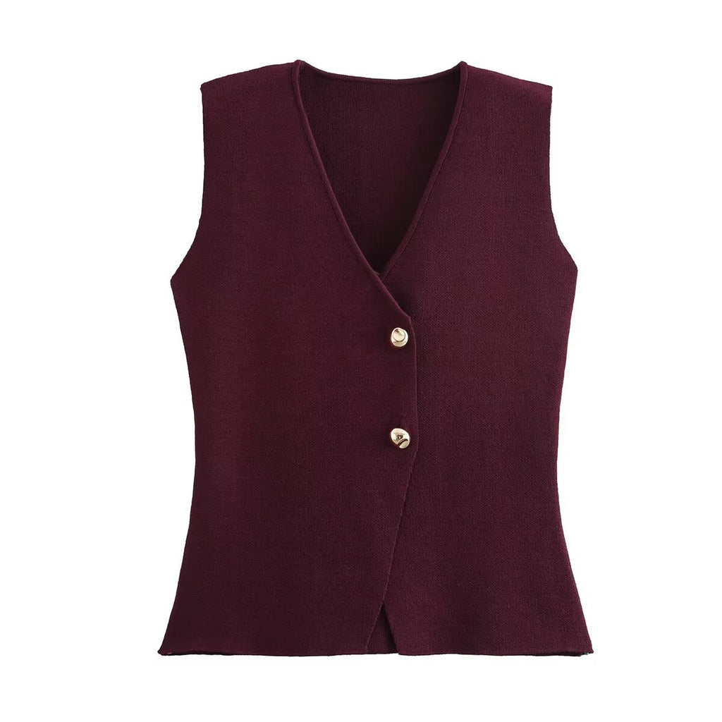 V Neck Two Button Knit Vest - Red