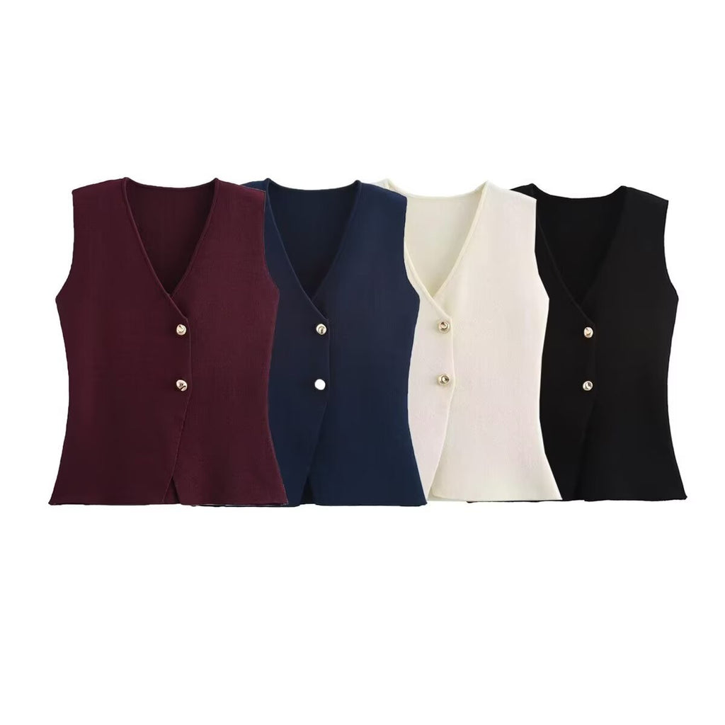 V Neck Two Button Knit Vest - Red - 4