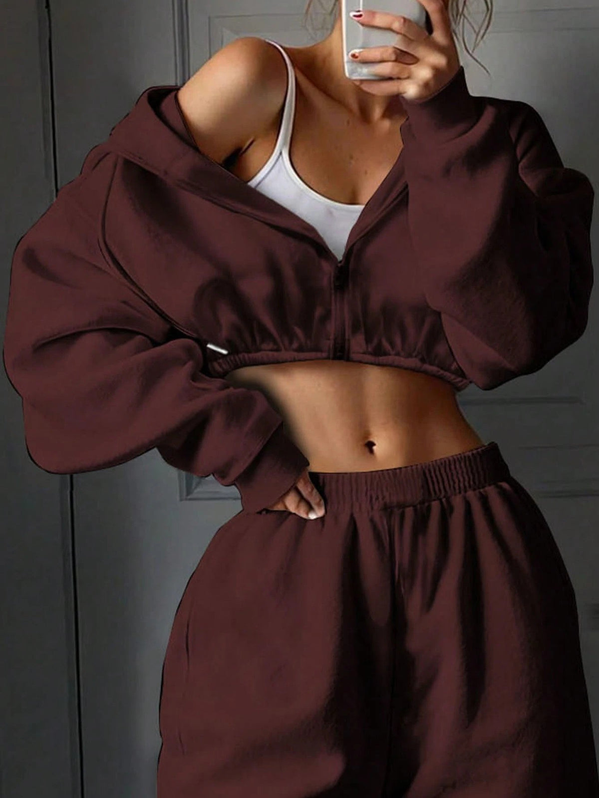 Cropped Zip Hoodie and Baggy Sweatpants Athletic Set - Chocolate