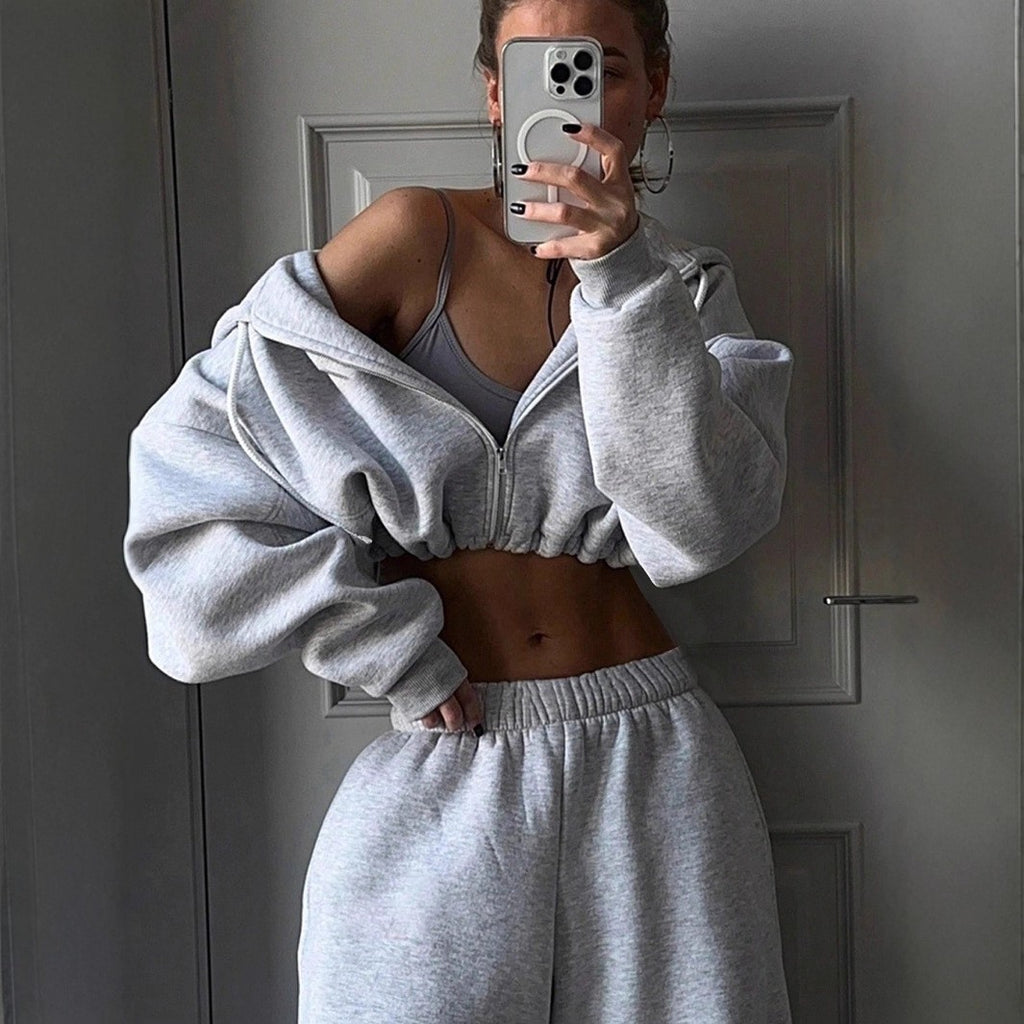 Cropped Zip Hoodie and Baggy Sweatpants Athletic Set
