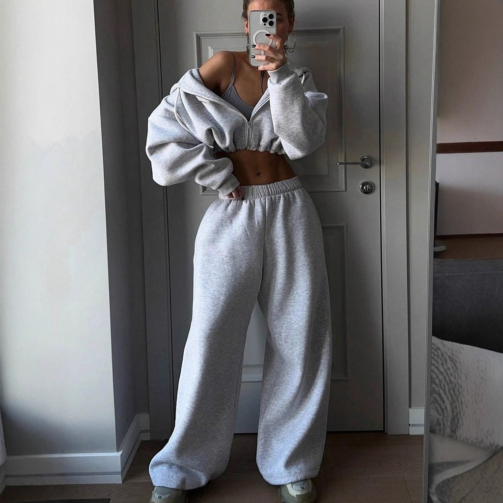 Cropped Zip Hoodie and Baggy Sweatpants Athletic Set