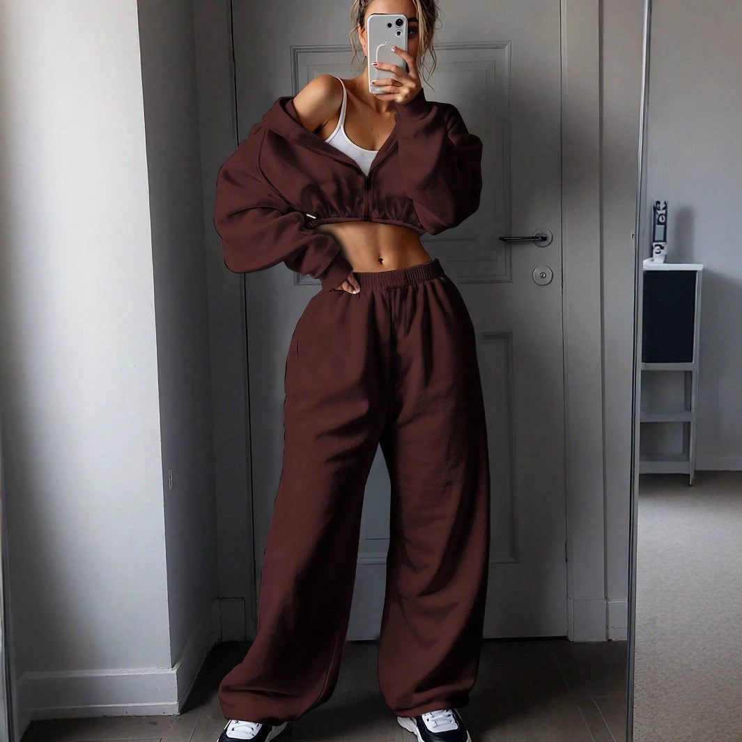 Cropped Zip Hoodie and Baggy Sweatpants Athletic Set