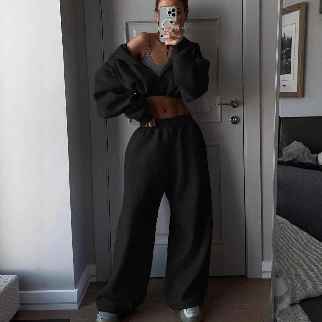 Cropped Zip Hoodie and Baggy Sweatpants Athletic Set