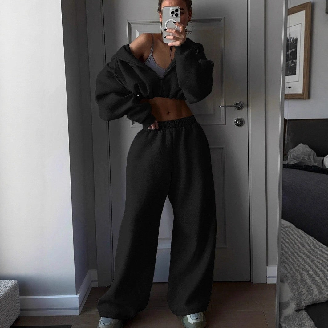 Cropped Zip Hoodie and Baggy Sweatpants Athletic Set