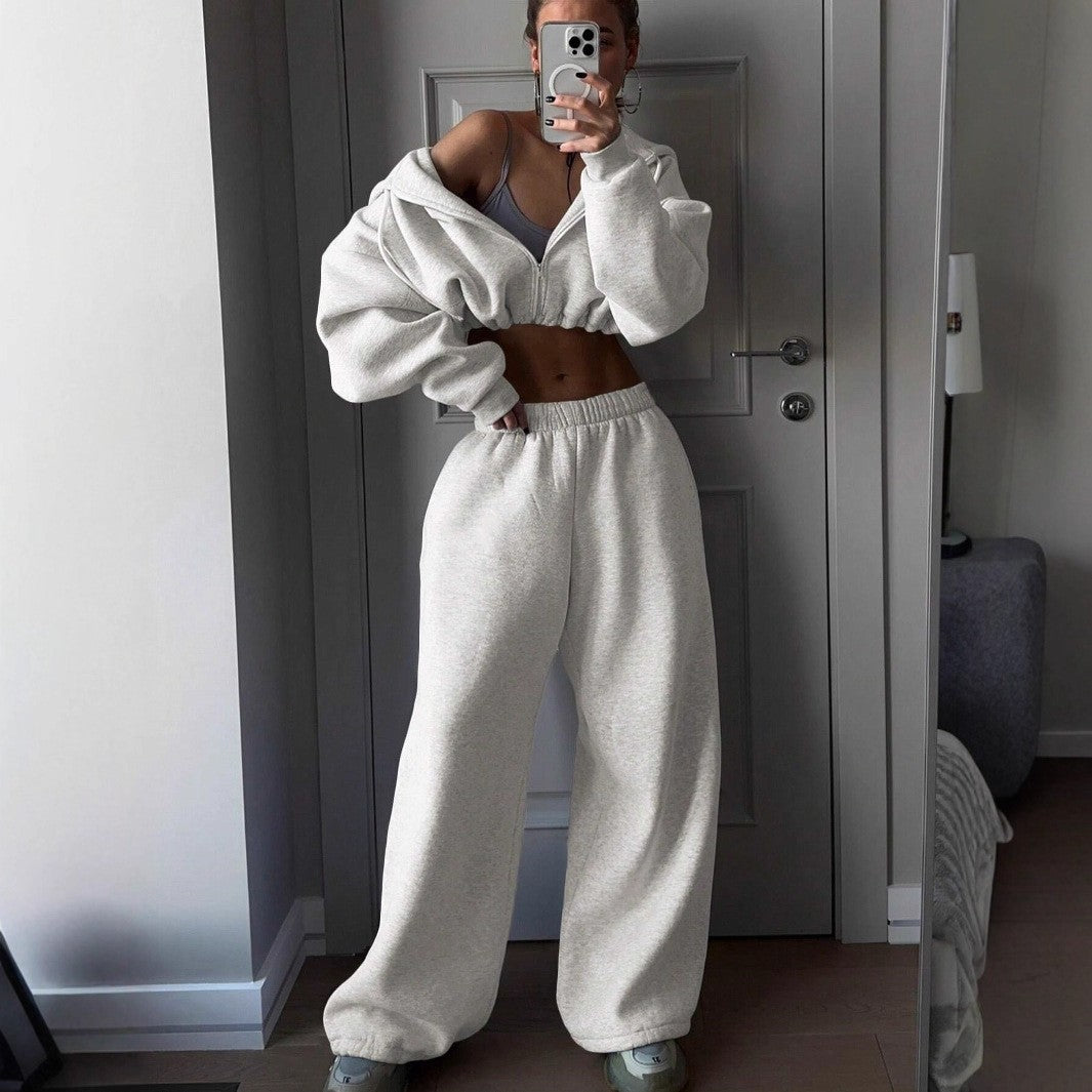 Cropped Zip Hoodie and Baggy Sweatpants Athletic Set