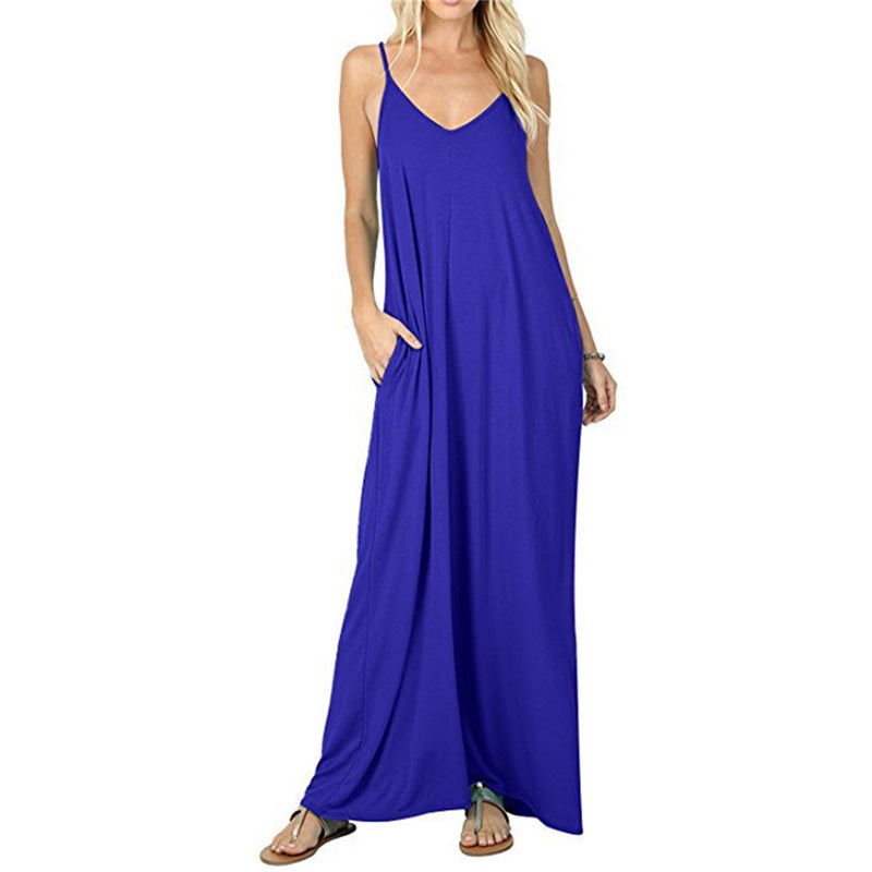 Loose Cami Maxi Dress With Pockets - DarkBlue