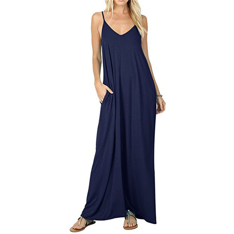 Loose Cami Maxi Dress With Pockets - NavyBlue