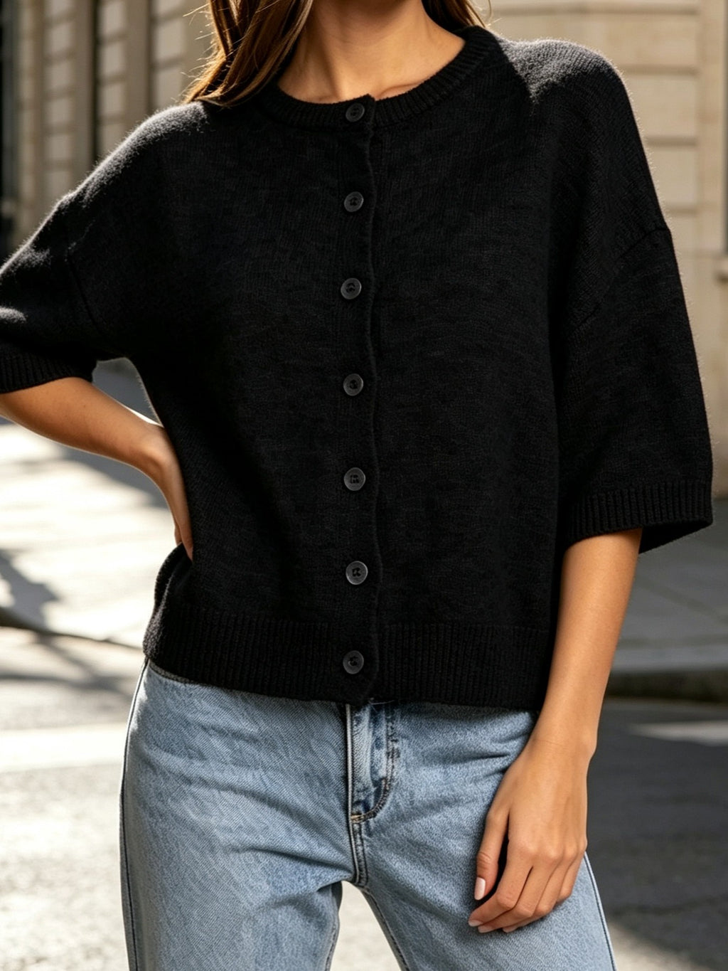 Boxy Button Front Sweater with Half Sleeves - Black