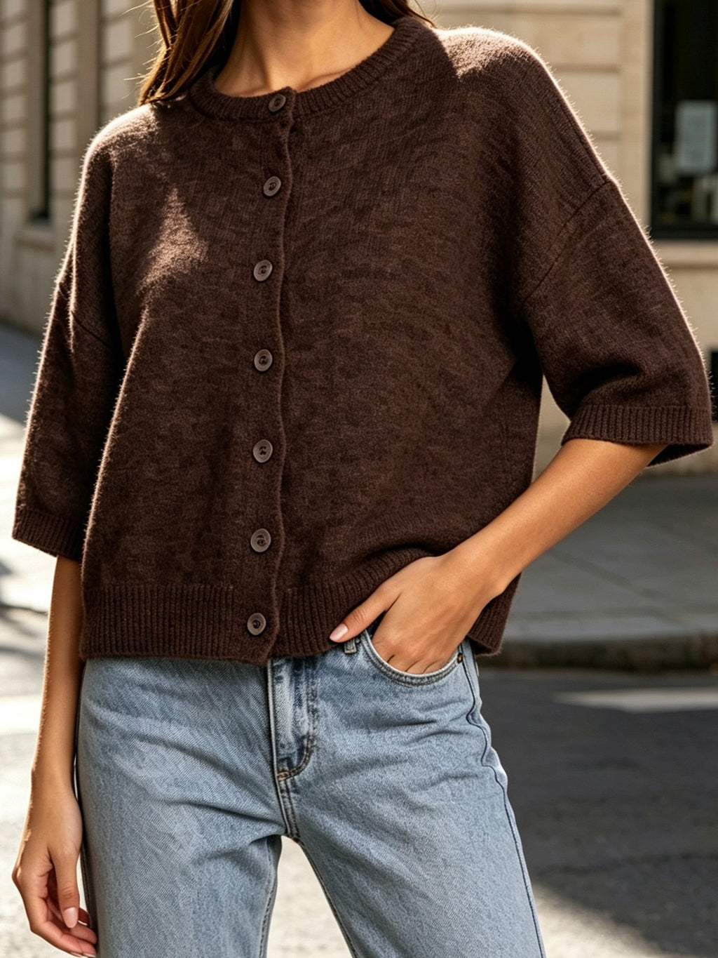 Boxy Button Front Sweater with Half Sleeves - Brown