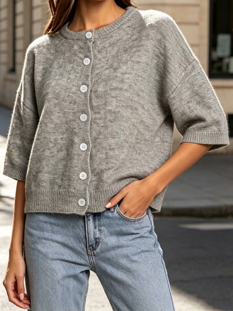 Boxy Button Front Sweater with Half Sleeves - Grey