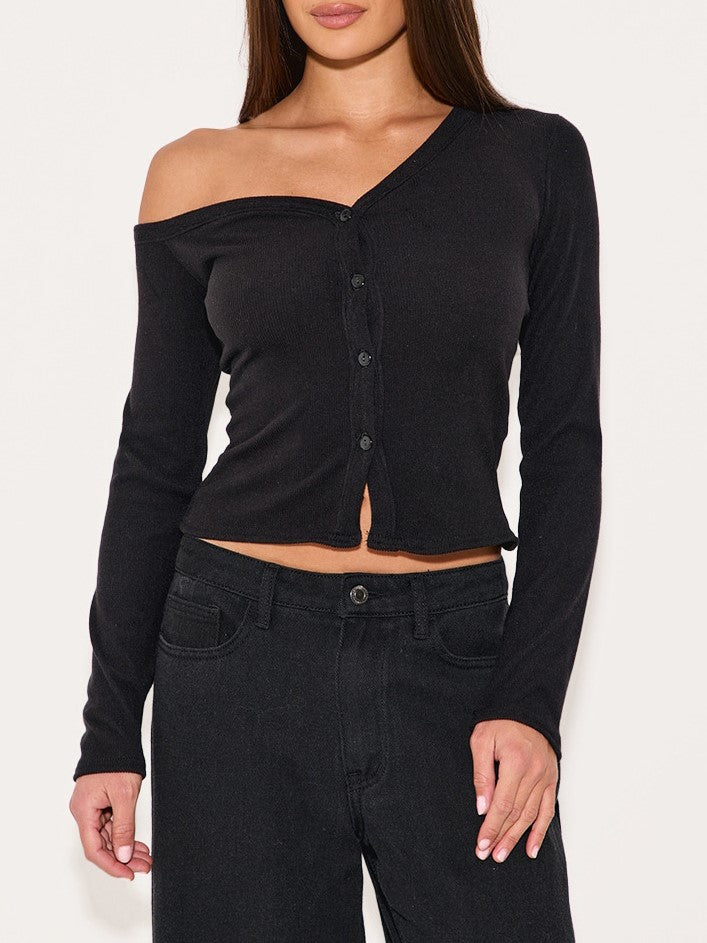 Off Shoulder Ribbed Top With Button Front - Black