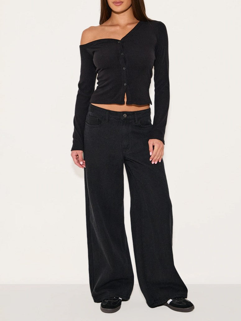 Off Shoulder Ribbed Top With Button Front - Black - 2