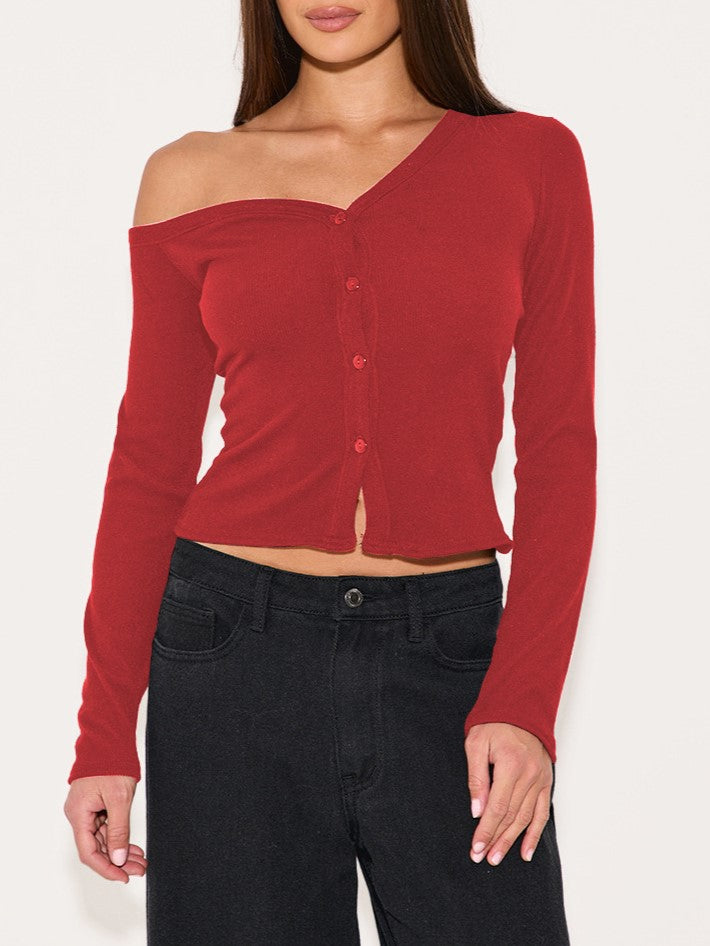 Off Shoulder Ribbed Top With Button Front - Red