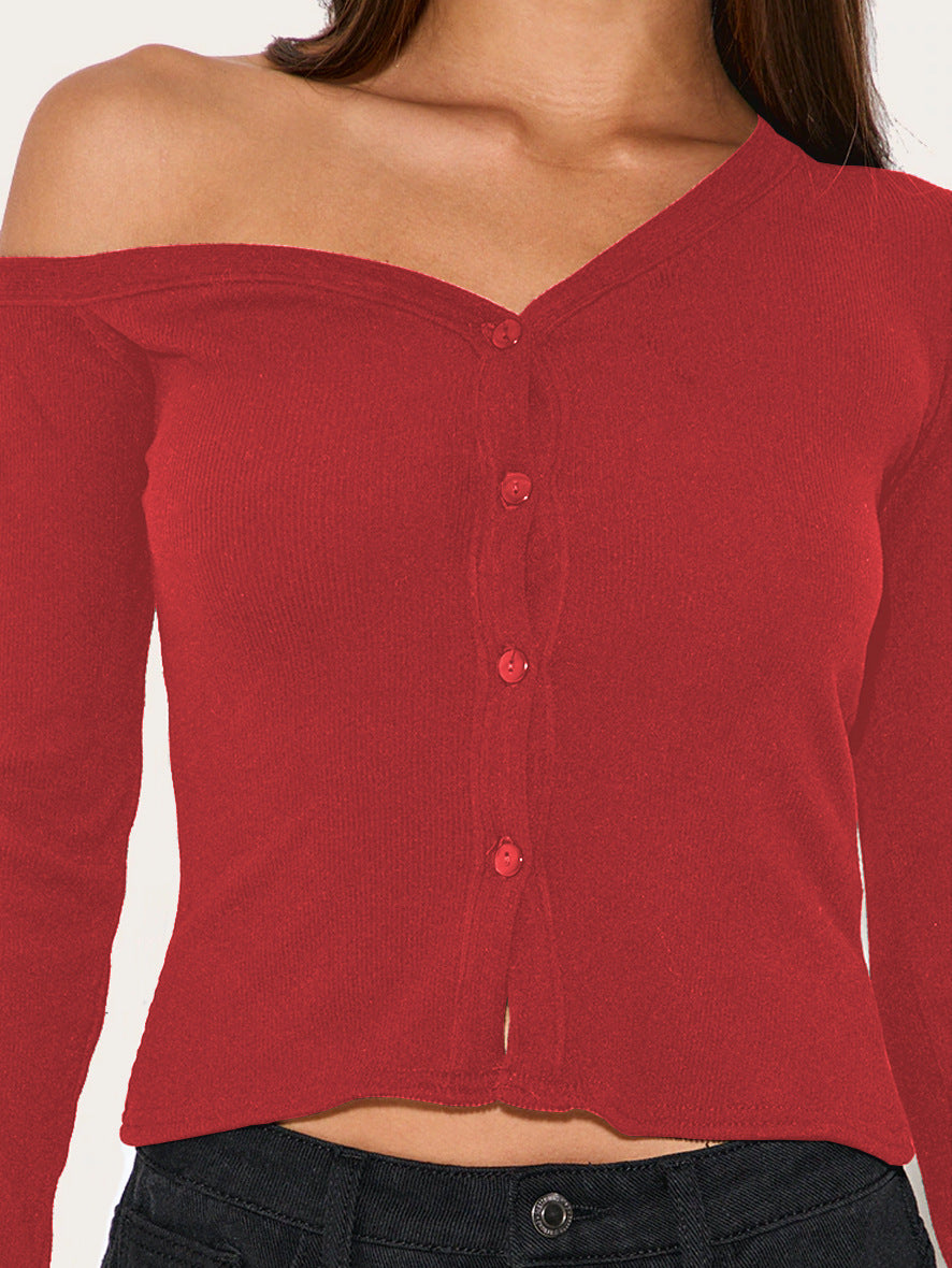 Off Shoulder Ribbed Top With Button Front - Red - 1