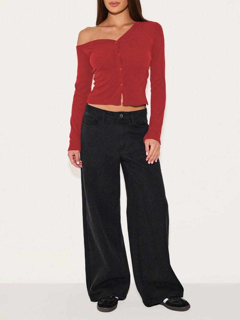 Off Shoulder Ribbed Top With Button Front - Red - 2