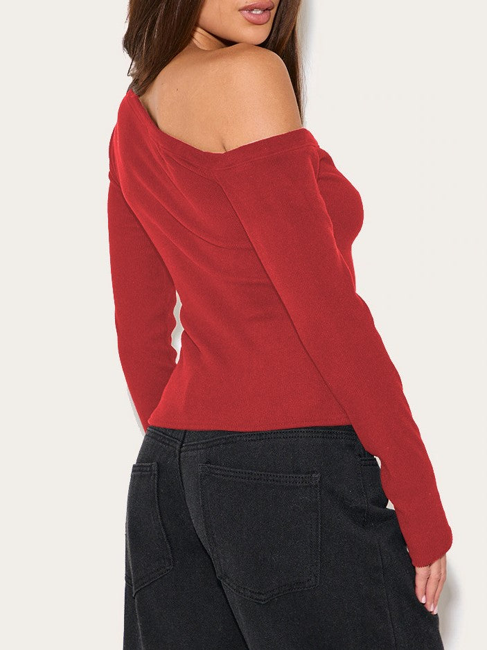 Off Shoulder Ribbed Top With Button Front - Red - 3