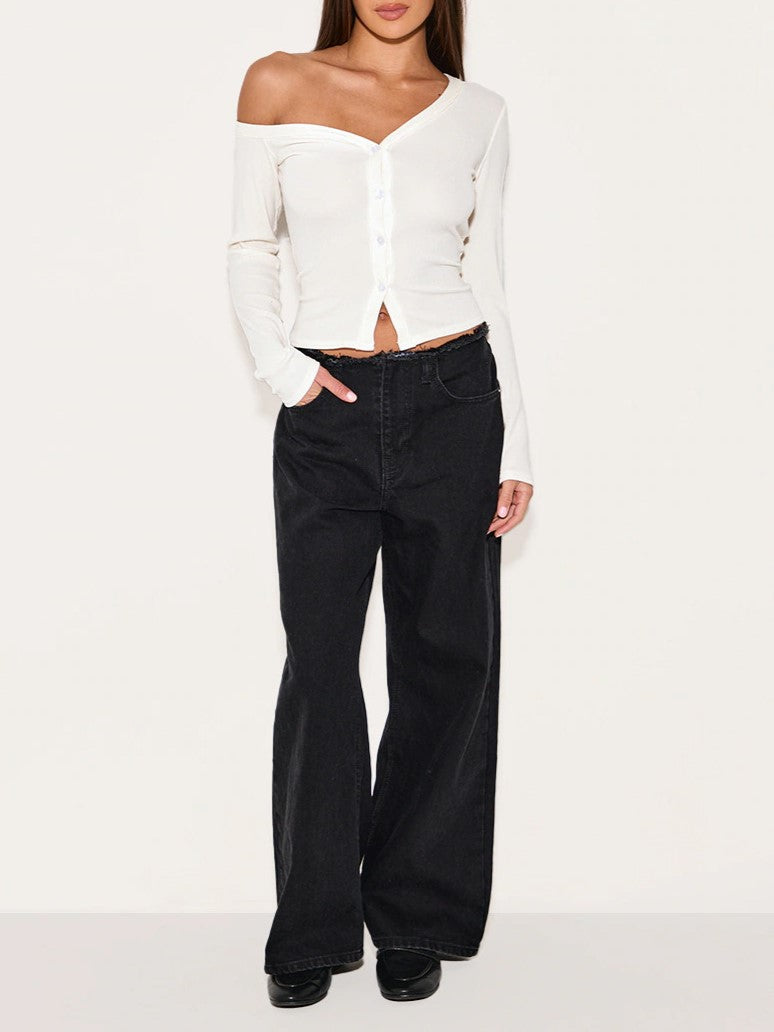 Off Shoulder Ribbed Top With Button Front - White - 2