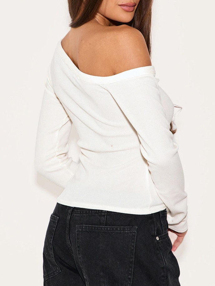 Off Shoulder Ribbed Top With Button Front - White - 3